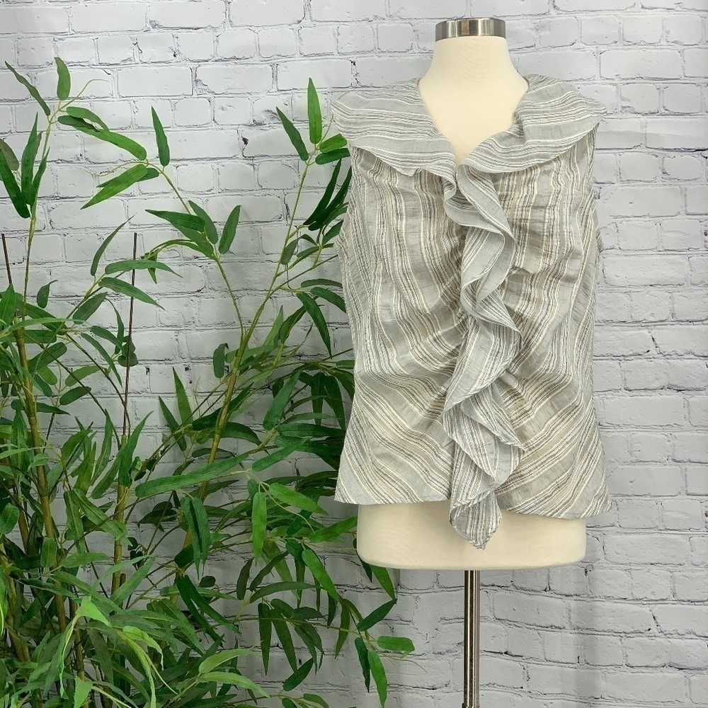 Farinaz Taghavi Gray & White Striped Ruffle Top